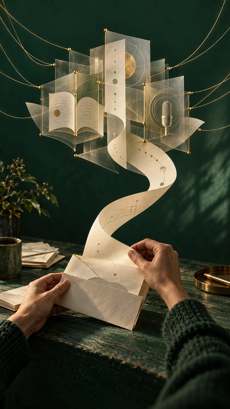Concept artwork: paper records connected by gold threads, representing the path from information to practical tools.
